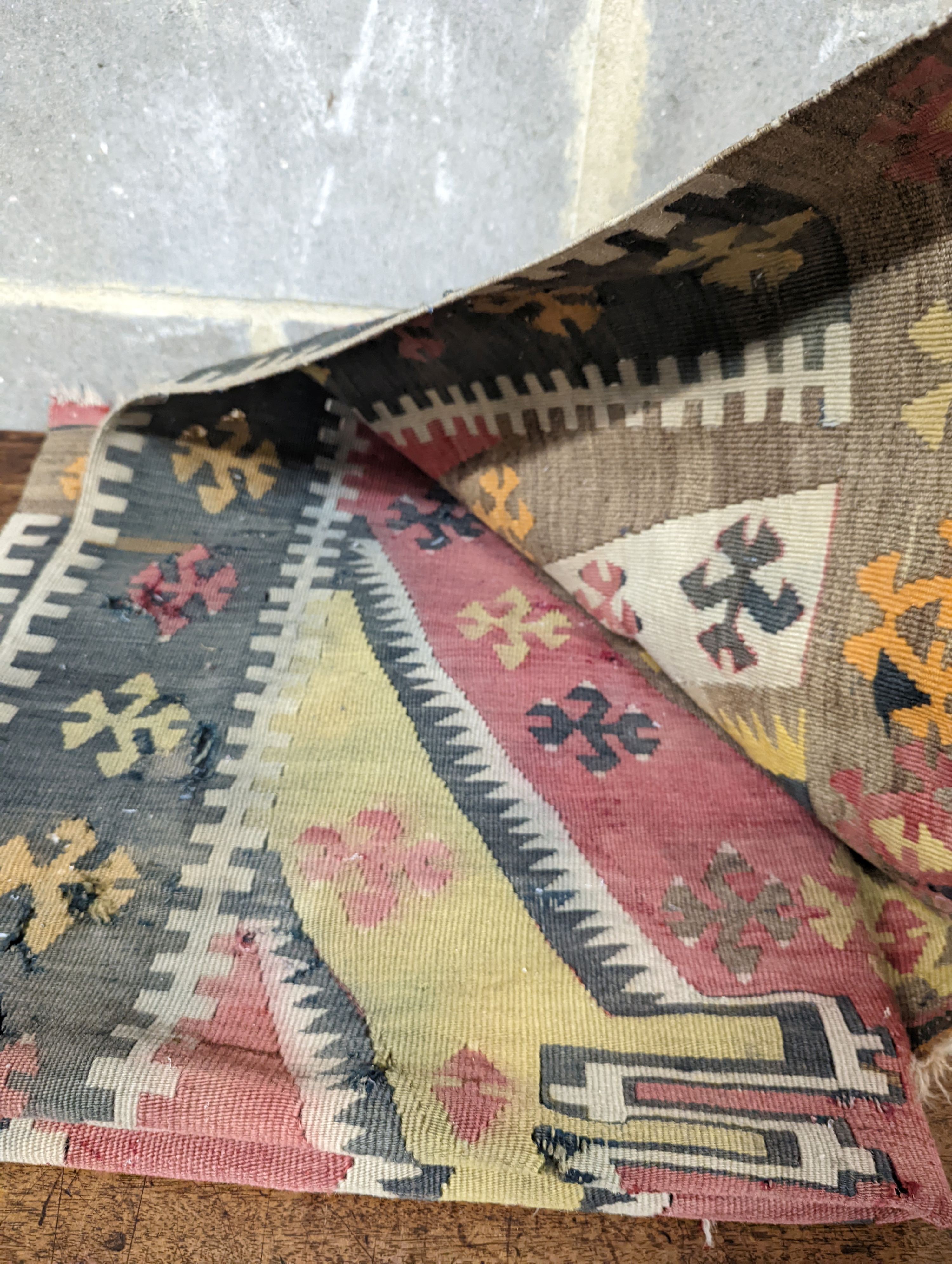 A Greek islands embroidered triple Kilim panel, 180 x 57cm and a small worn Kelim rug, 148 x 97cm